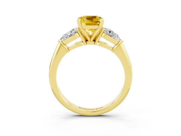 Yellow gold Three-Stone Cushion Cut Yellow Sapphire Ring with Pear Side Stones and Four-Prong Setting