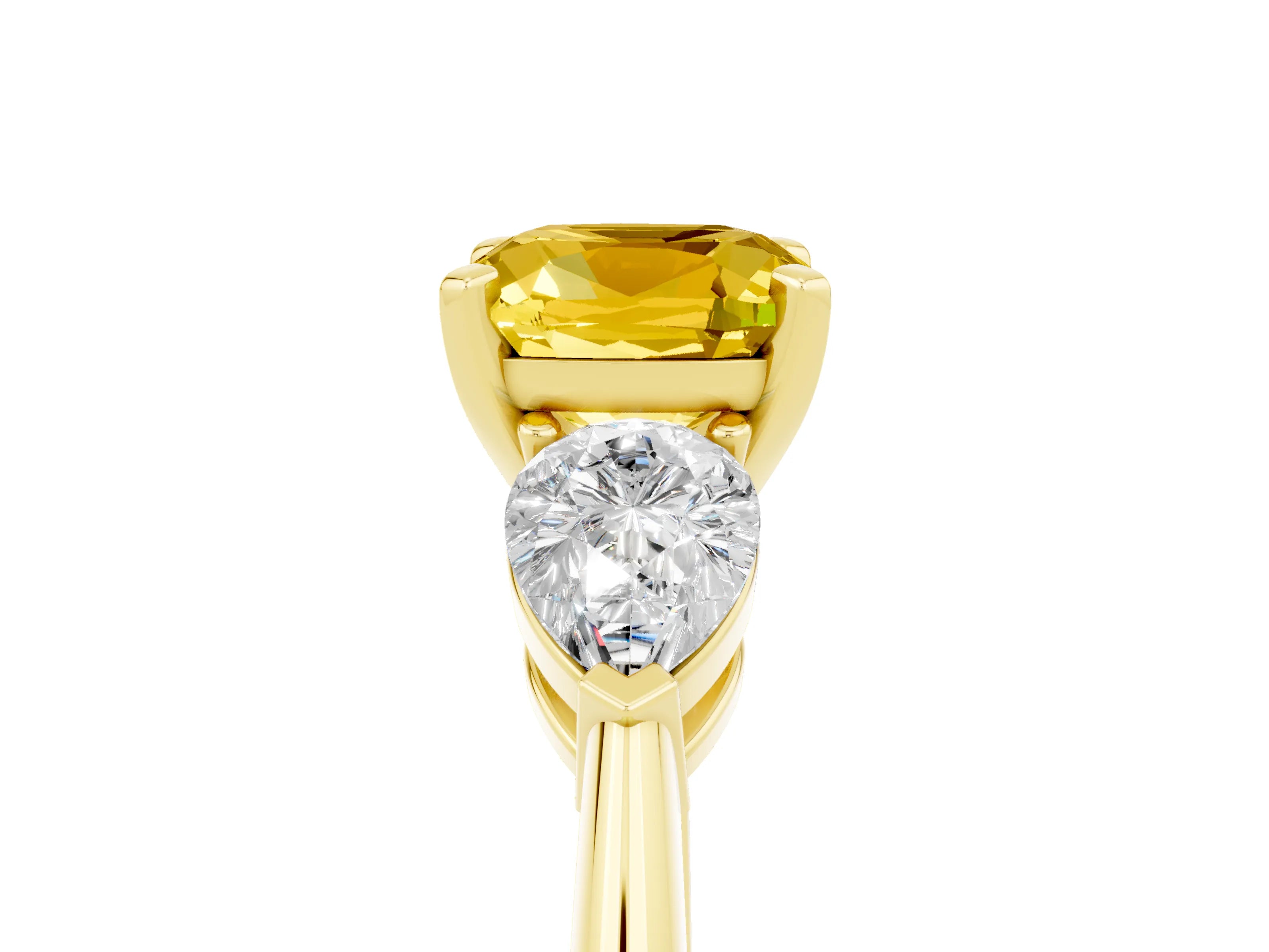 Yellow gold Three-Stone Cushion Cut Yellow Sapphire Ring with Pear Side Stones and Four-Prong Setting_29