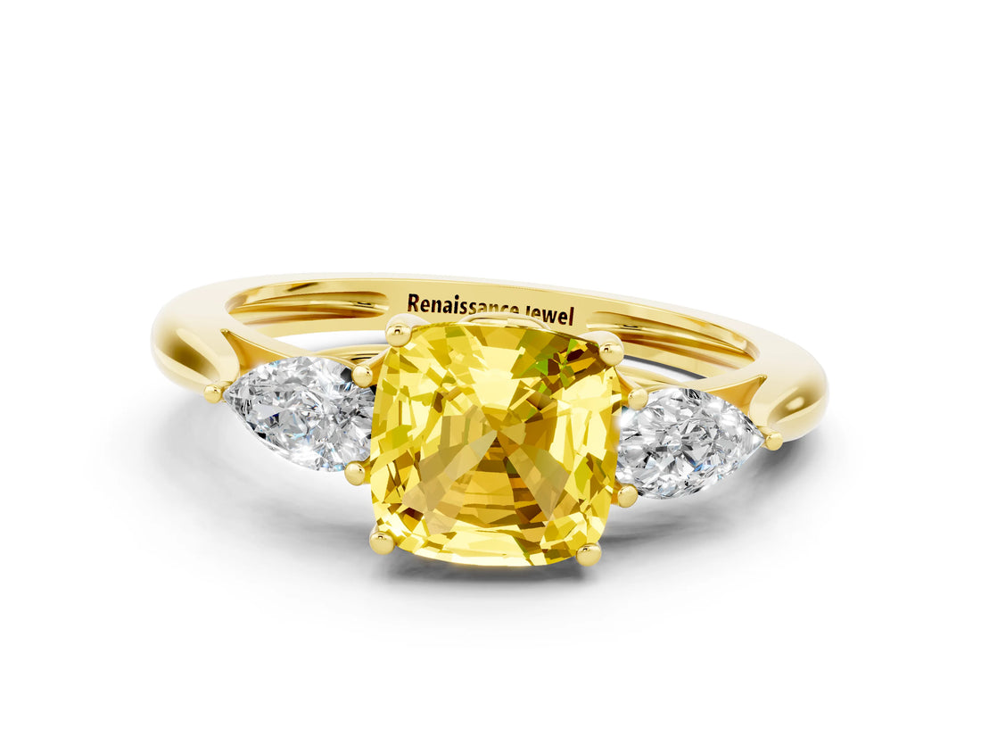 Yellow gold Three-Stone Cushion Cut Yellow Sapphire Ring with Pear  Side Stones in Four-Prong Setting_12
