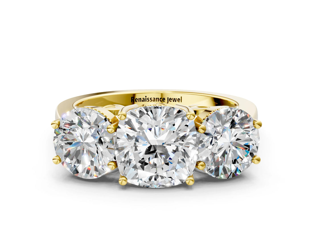 Yellow gold Three-Stone Cushion Diamond Engagement Ring with Prong Setting on a Classic Band_3