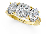 Yellow gold Three-Stone Cushion Diamond Milgrain Pave Band with Prong Setting 1