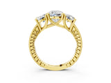 Yellow gold Three-Stone Cushion Diamond Milgrain Pave Band with Prong Setting 3