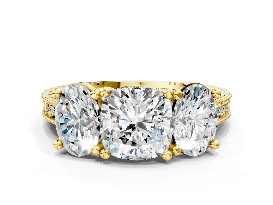 Yellow gold Three-Stone Cushion Diamond Milgrain Pave Band with Prong Setting