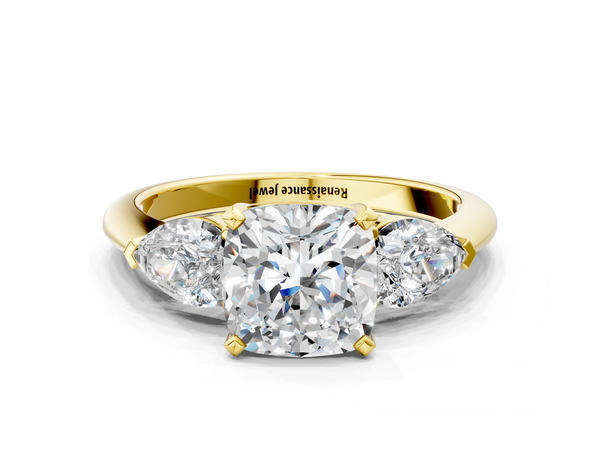 Yellow gold Three-Stone Cushion Cut Diamond Ring with Pear Side Stones and Four-Prong Setting