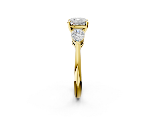 Yellow gold Three-Stone Cushion Cut Diamond Ring with Pear Side Stones and Four-Prong Setting