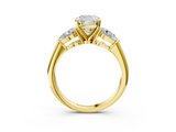 Yellow gold Three-Stone Cushion Diamond Ring with Pear Side Stones in Four-Prong Setting_95