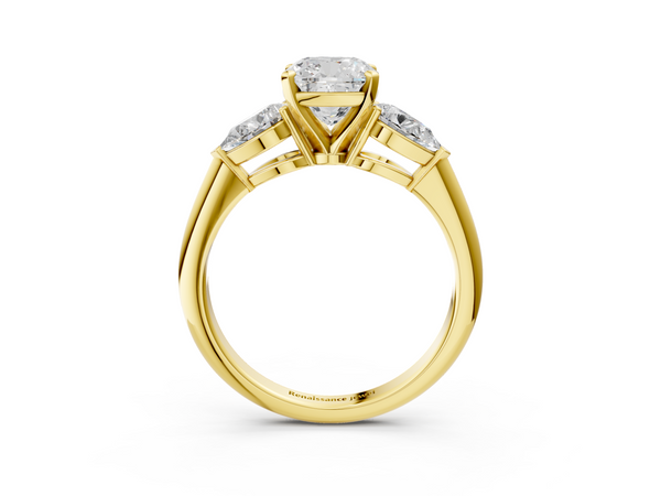 Yellow gold Three-Stone Cushion Cut Diamond Ring with Pear Side Stones and Four-Prong Setting