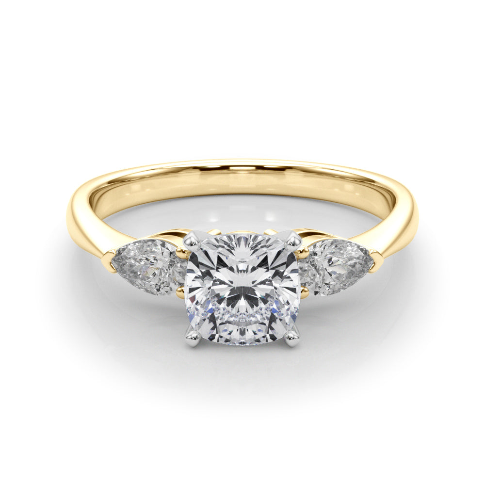 Yellow gold Three-Stone Cushion Diamond Ring with Pear Side Stones on a Platinum Band with Four-Prong Setting 1