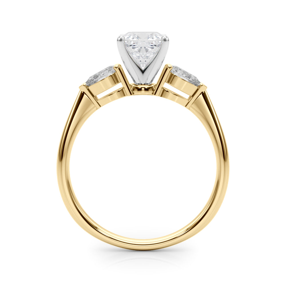 Yellow gold Three-Stone Cushion Diamond Ring with Pear Side Stones on a Platinum Band with Four-Prong Setting 2