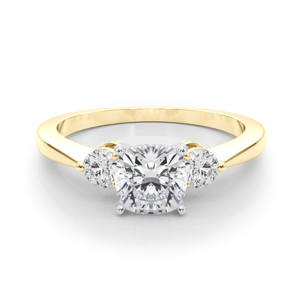 Yellow gold Three-Stone Cushion Solitaire Ring with Tapered Band and Four-Prong Setting