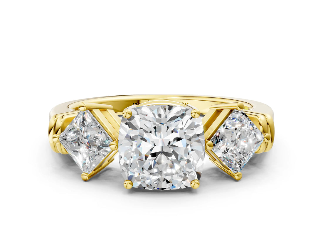 Yellow gold Three-Stone Cushion and Princess Cut Diamond Ring with Channel Band and Four-Prong Setting_28
