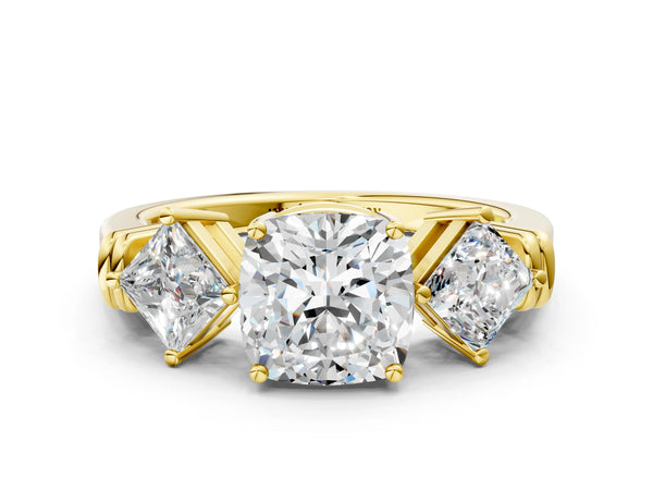 Yellow gold Three-Stone Cushion and Princess Cut Diamond Ring with Channel Band and Four-Prong Setting
