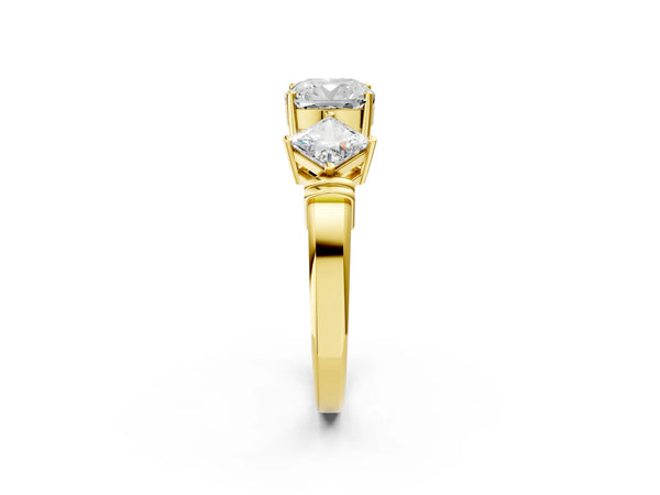 Yellow gold Three-Stone Cushion and Princess Cut Diamond Ring with Channel Band and Four-Prong Setting
