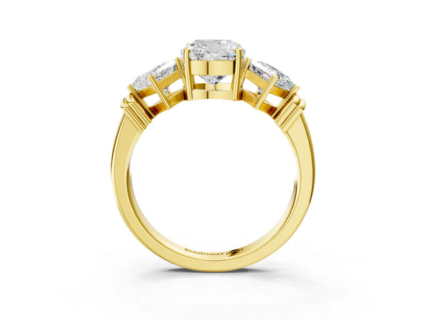 Yellow gold Three-Stone Cushion and Princess Cut Diamond Ring with Channel Band and Four-Prong Setting