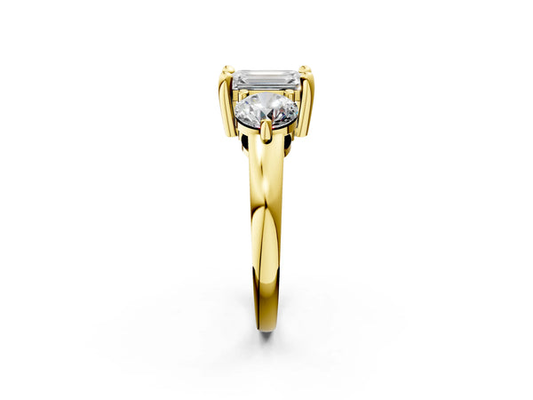 Yellow Gold Emerald Cut Three Stone Engagement Ring Setting with Open Prong Baskets