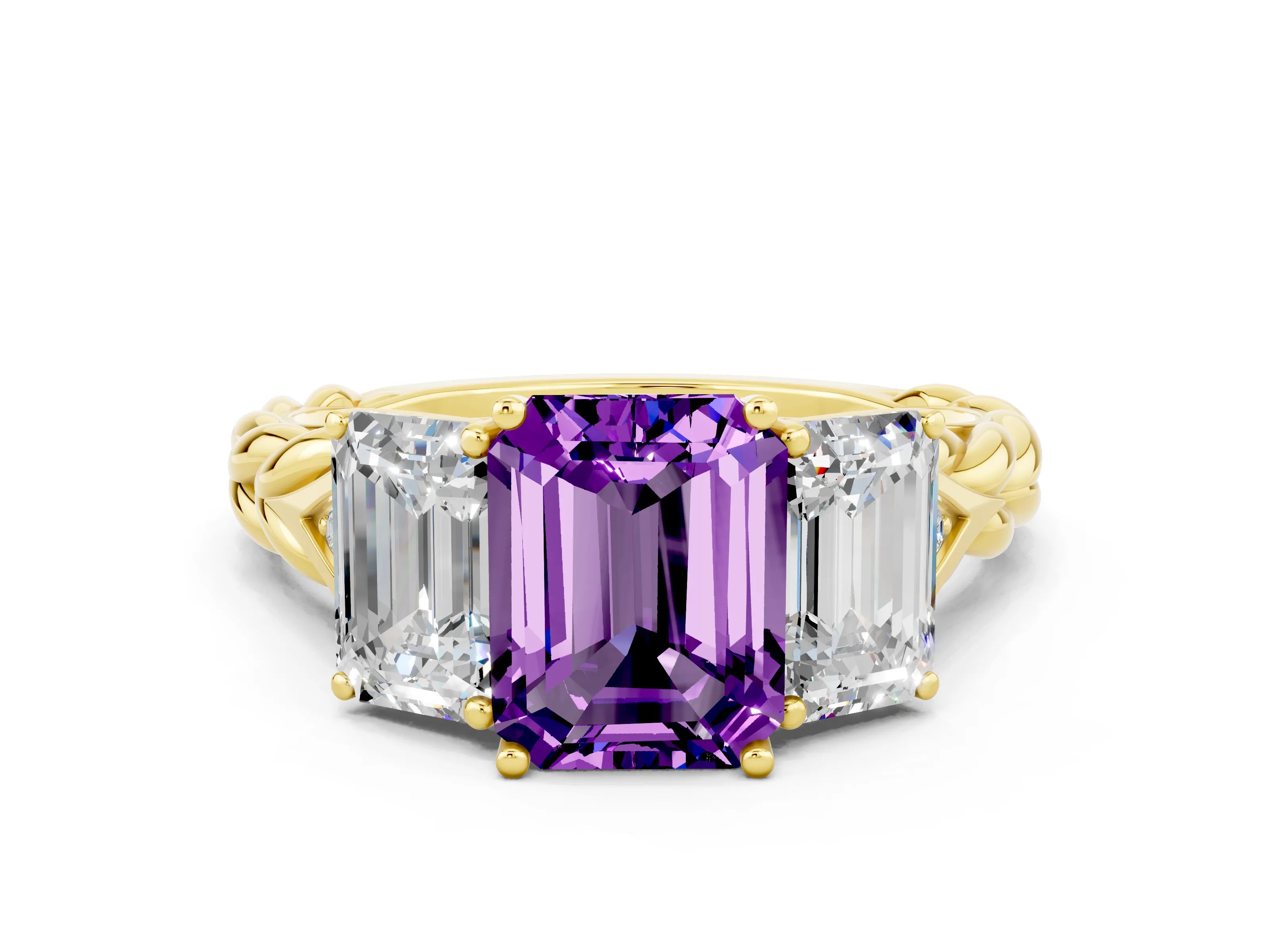Yellow gold Three-Stone Emerald Cut Amethyst Braided Band Ring with Four-Prong Setting_36