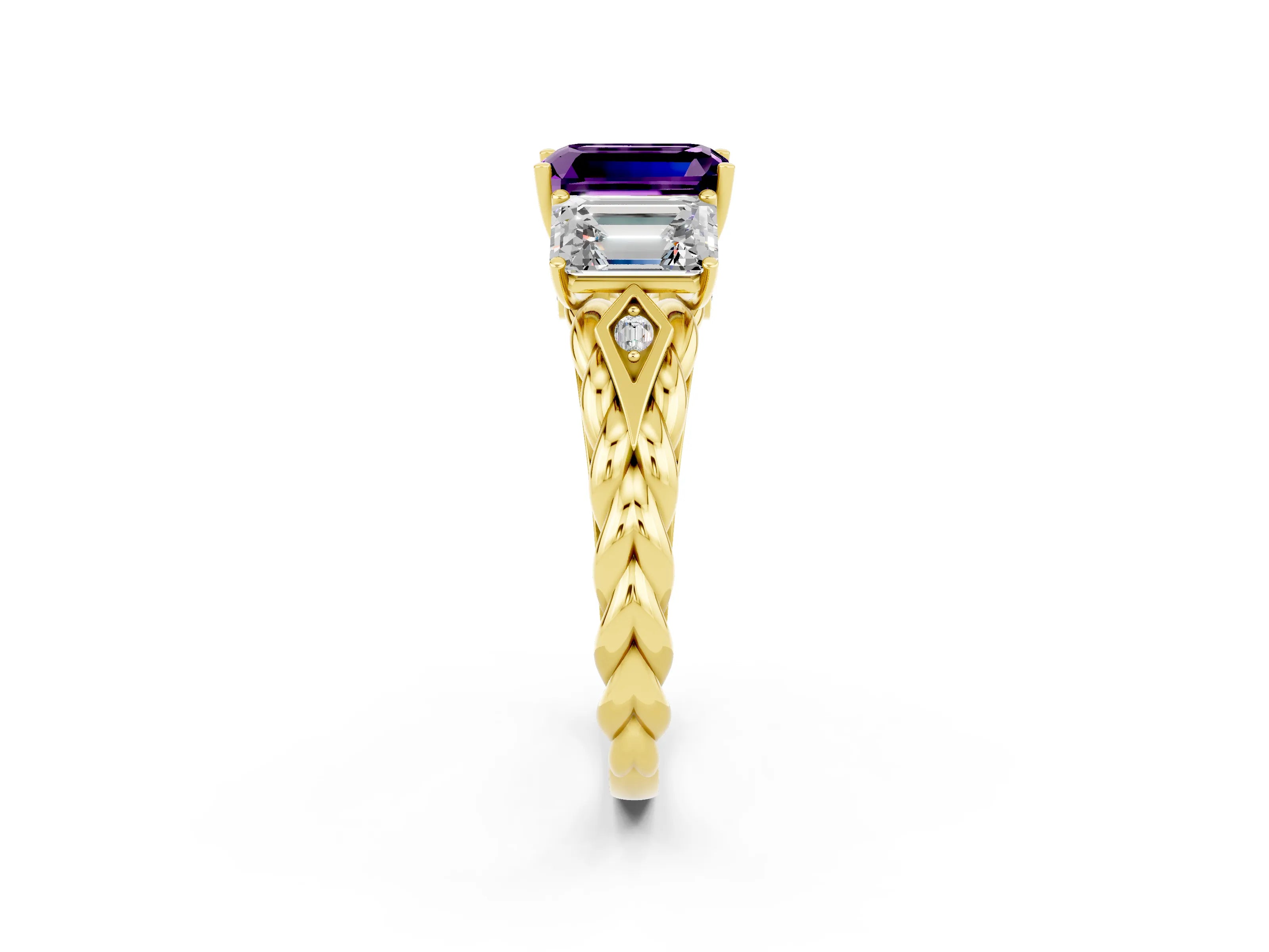 Yellow gold Three-Stone Emerald Cut Amethyst Braided Band Ring with Four-Prong Setting_38
