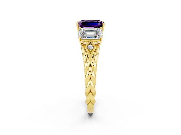 Yellow gold Three-Stone Emerald Cut Amethyst Braided Band Ring with Four-Prong Setting
