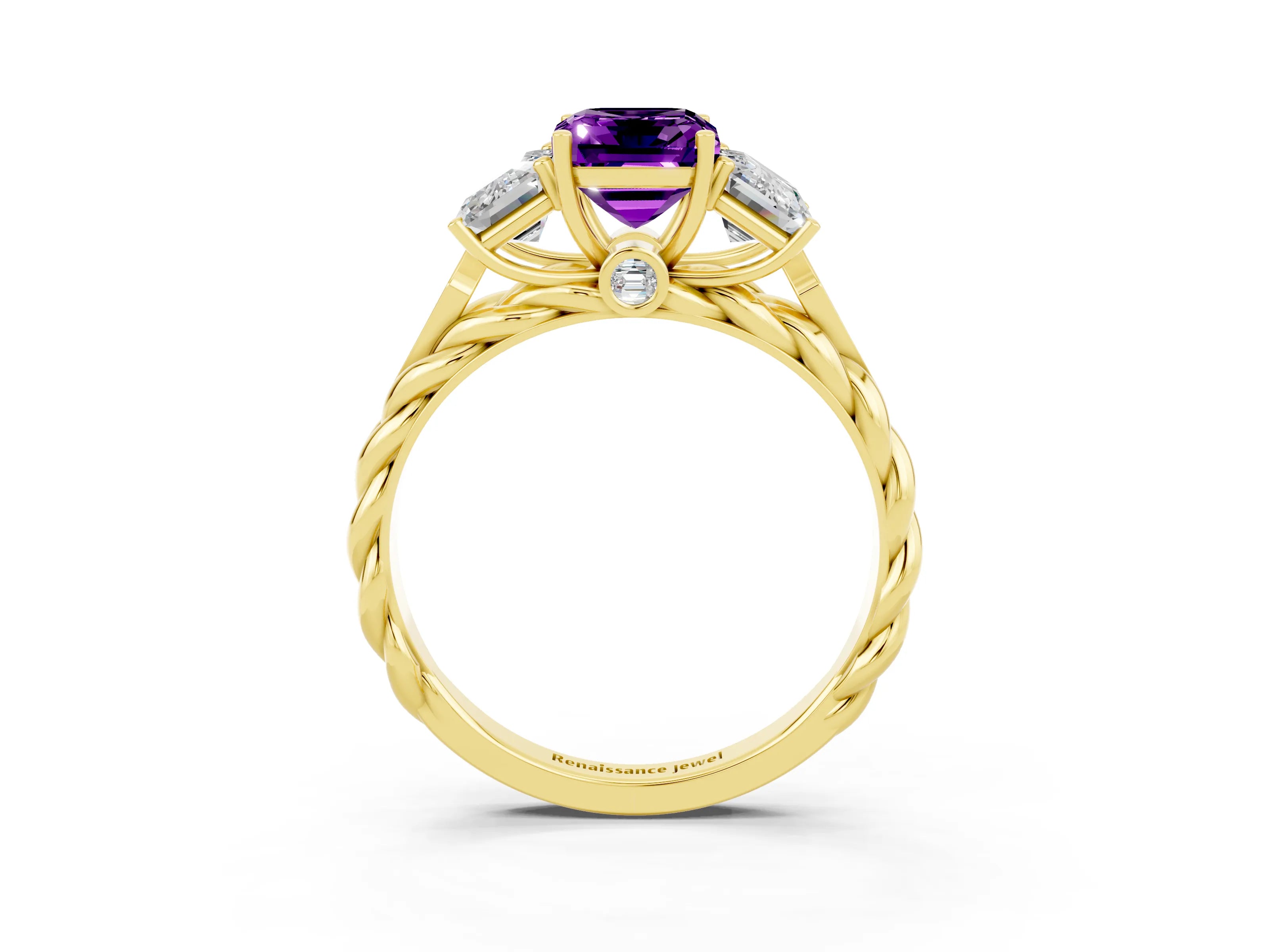Yellow gold Three-Stone Emerald Cut Amethyst Braided Band Ring with Four-Prong Setting_39