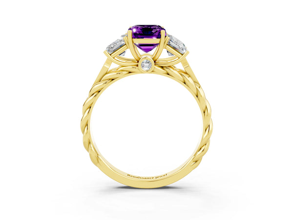 Yellow gold Three-Stone Emerald Cut Amethyst Braided Band Ring with Four-Prong Setting