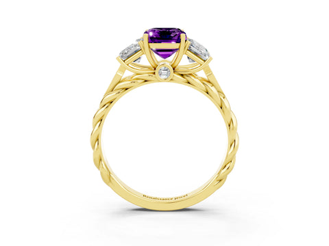 Yellow gold Three-Stone Emerald Cut Amethyst Braided Band Ring with Four-Prong Setting_39