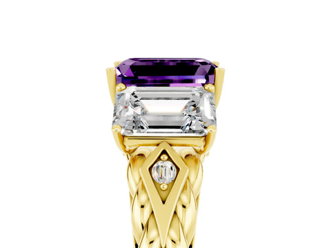 Yellow gold Three-Stone Emerald Cut Amethyst Braided Band Ring with Four-Prong Setting_41
