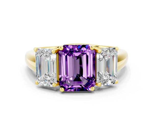 Yellow gold Three-Stone Emerald Cut Amethyst Engagement Ring with Prong Setting