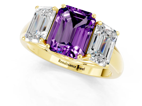 Yellow gold Three-Stone Emerald Cut Amethyst Engagement Ring with Prong Setting