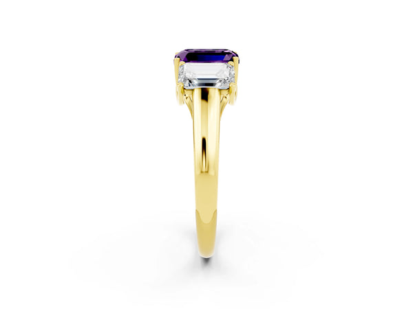 Yellow gold Three-Stone Emerald Cut Amethyst Engagement Ring with Prong Setting
