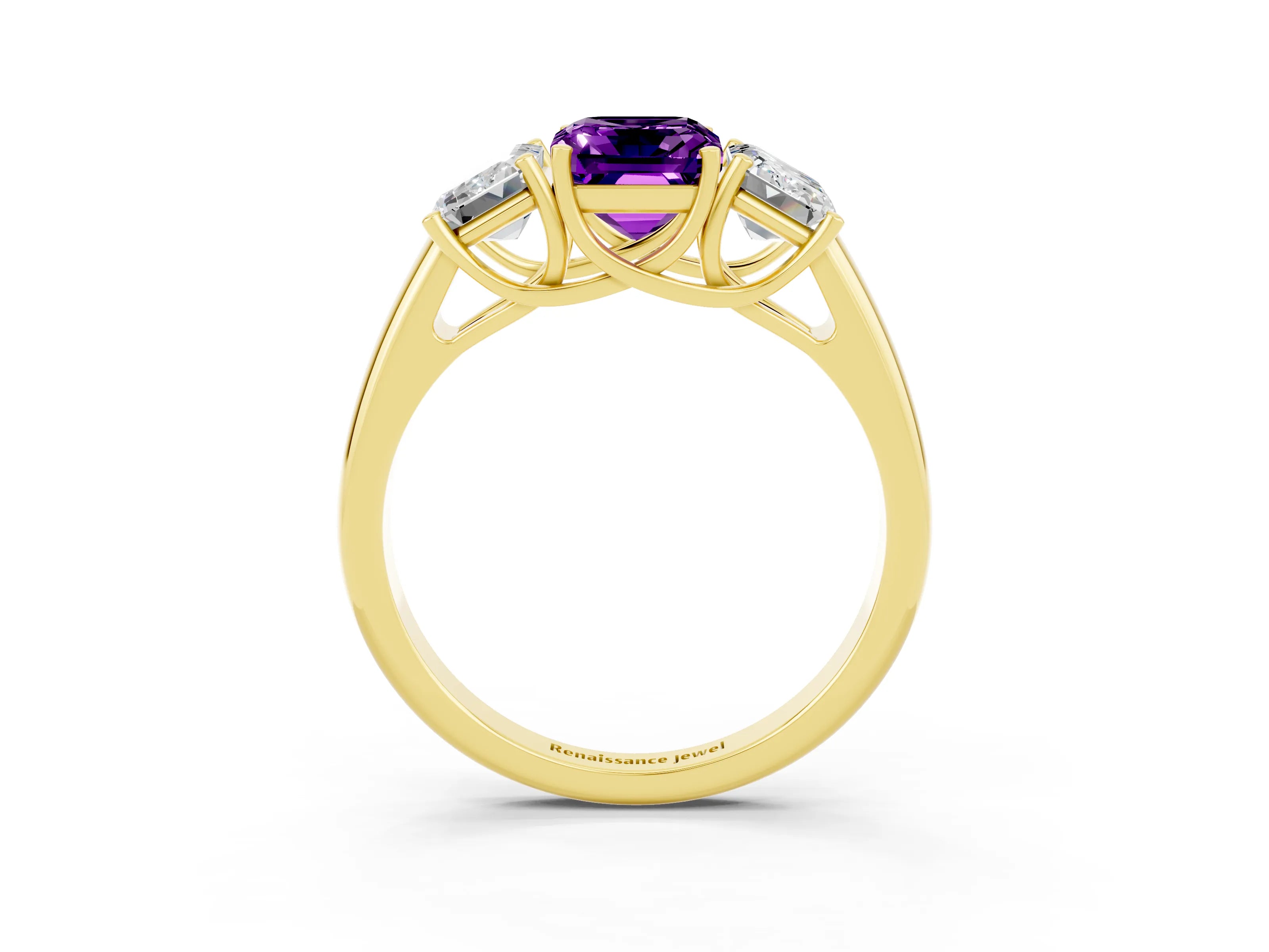 Yellow gold Three-Stone Emerald Cut Amethyst Engagement Ring with Prong Setting_3