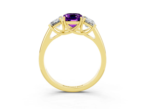 Yellow gold Three-Stone Emerald Cut Amethyst Engagement Ring with Prong Setting