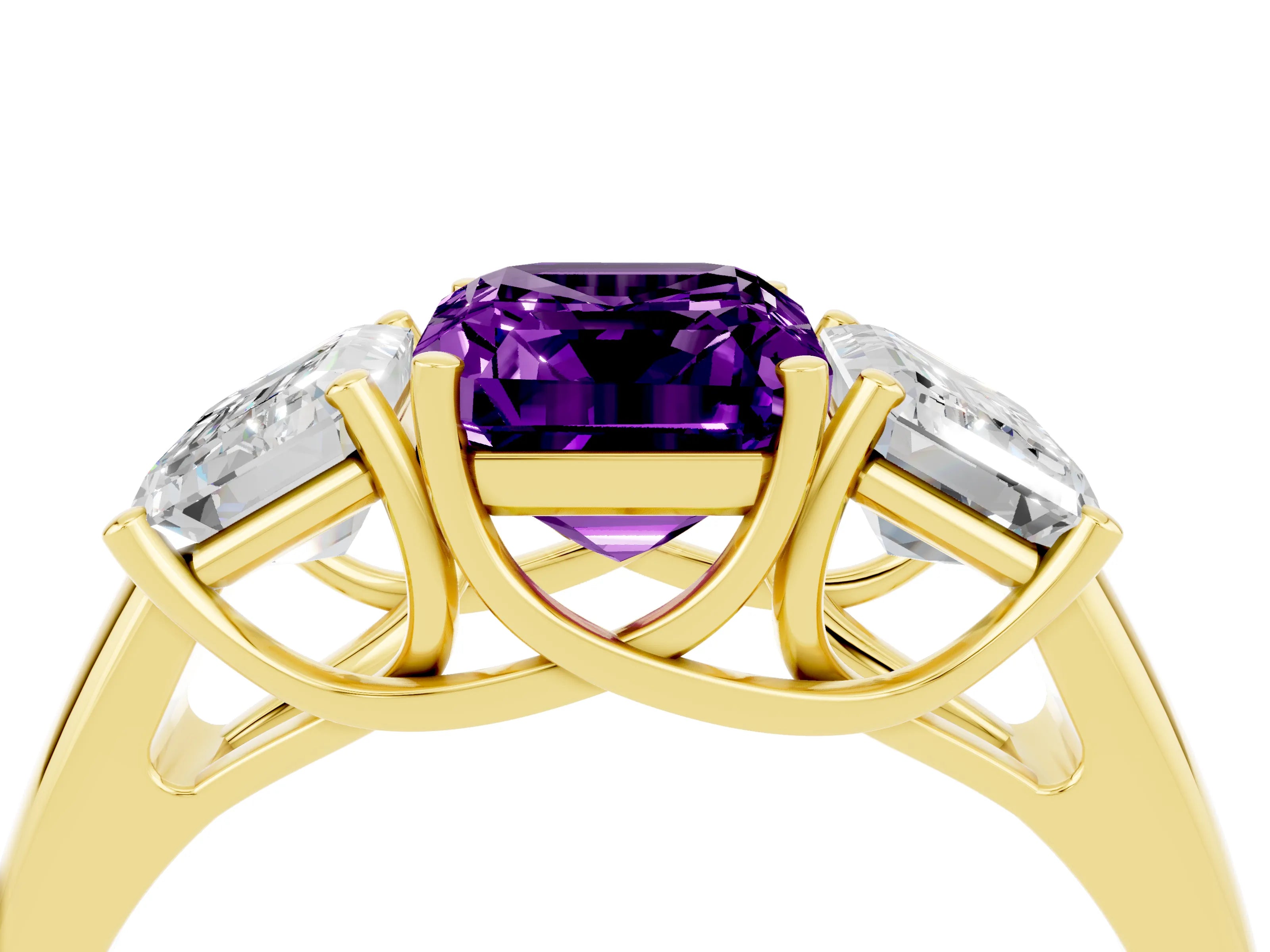 Yellow gold Three-Stone Emerald Cut Amethyst Engagement Ring with Prong Setting_4