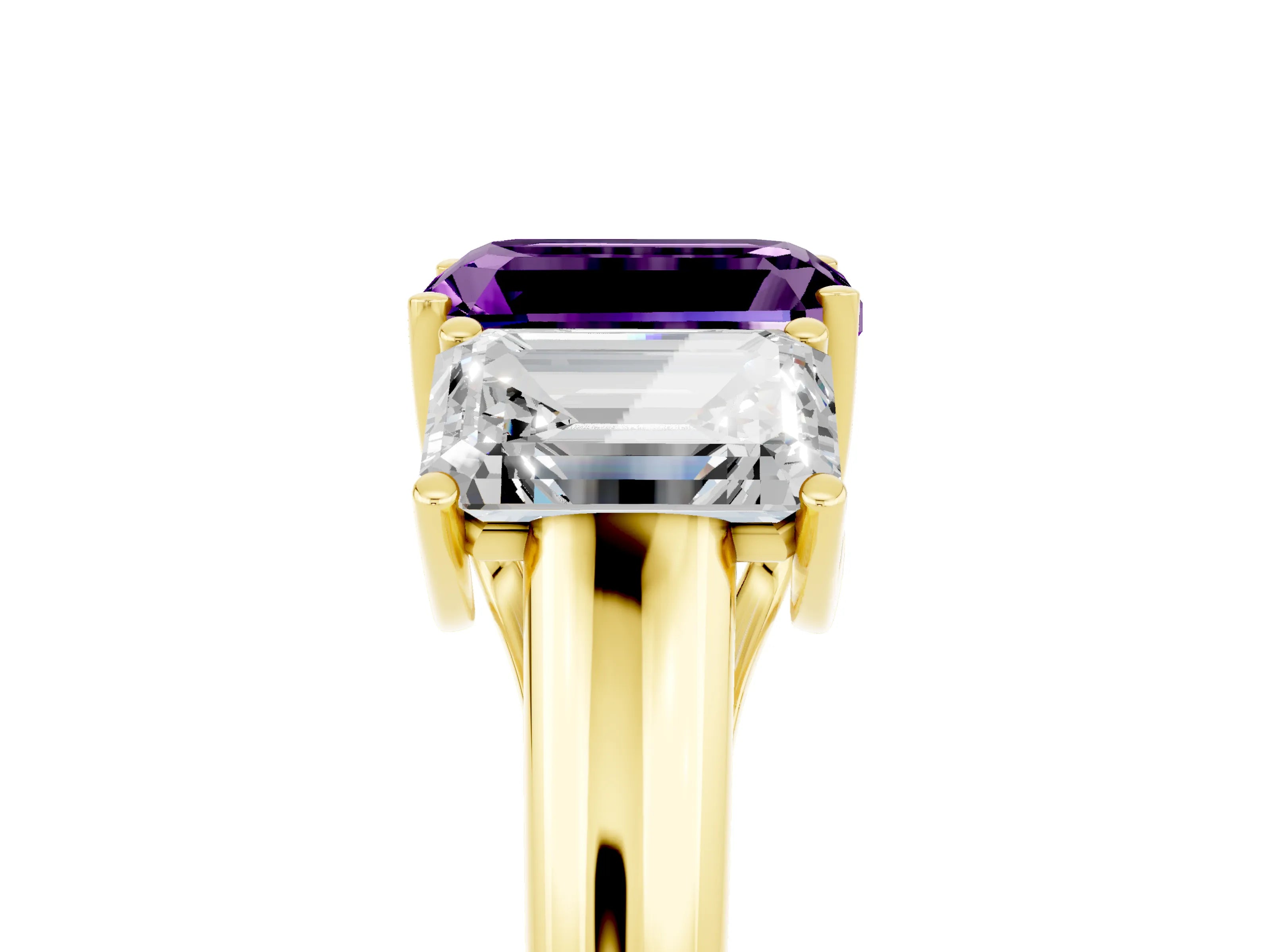 Yellow gold Three-Stone Emerald Cut Amethyst Engagement Ring with Prong Setting_5
