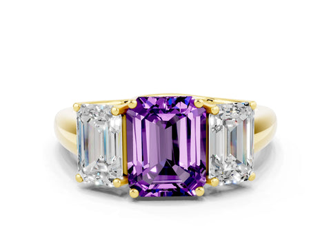 Yellow gold Three-Stone Emerald Cut Amethyst Engagement Ring with Prong Setting