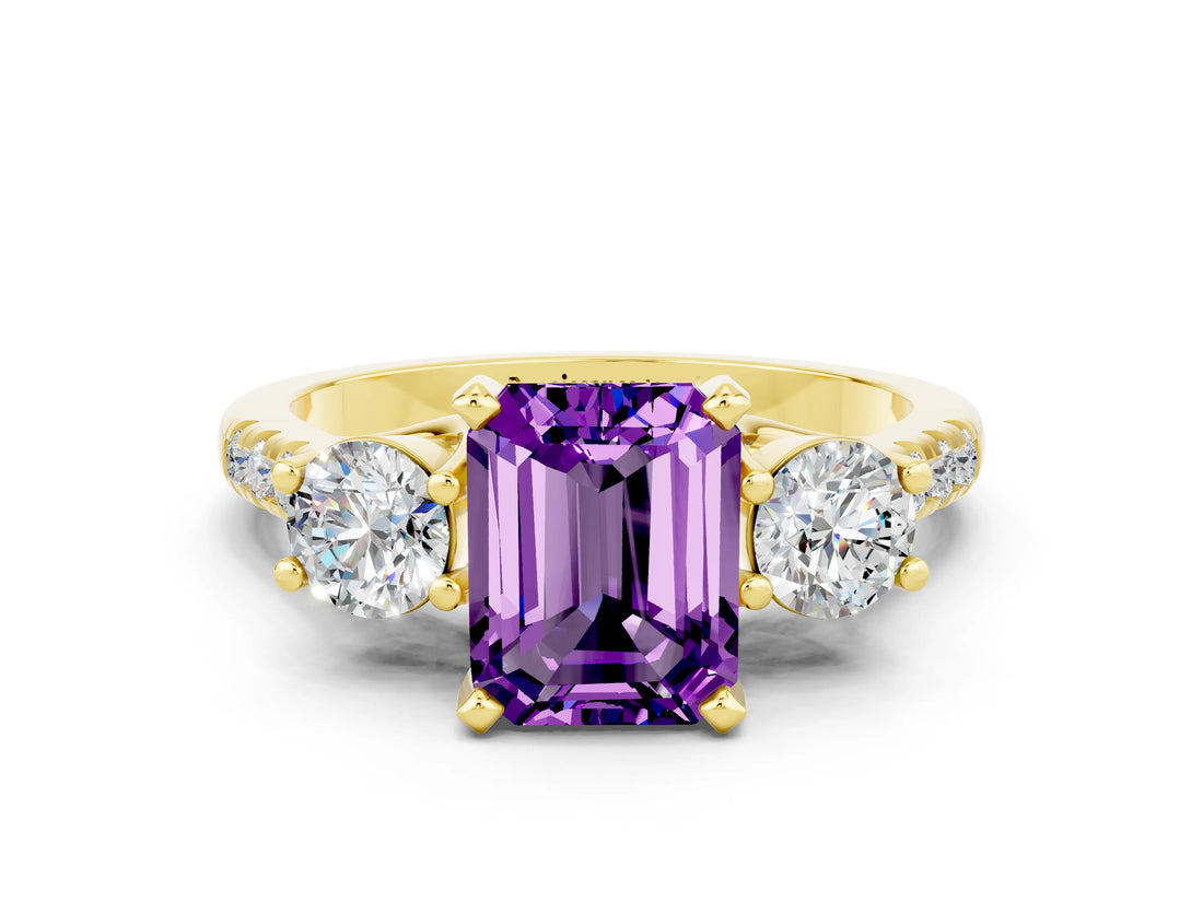 Yellow gold Three-Stone Emerald Cut Amethyst Pavé Band with Four-Prong Setting