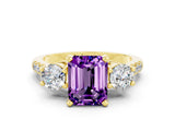 Yellow gold Three-Stone Emerald Cut Amethyst Pavé Band with Four-Prong Setting