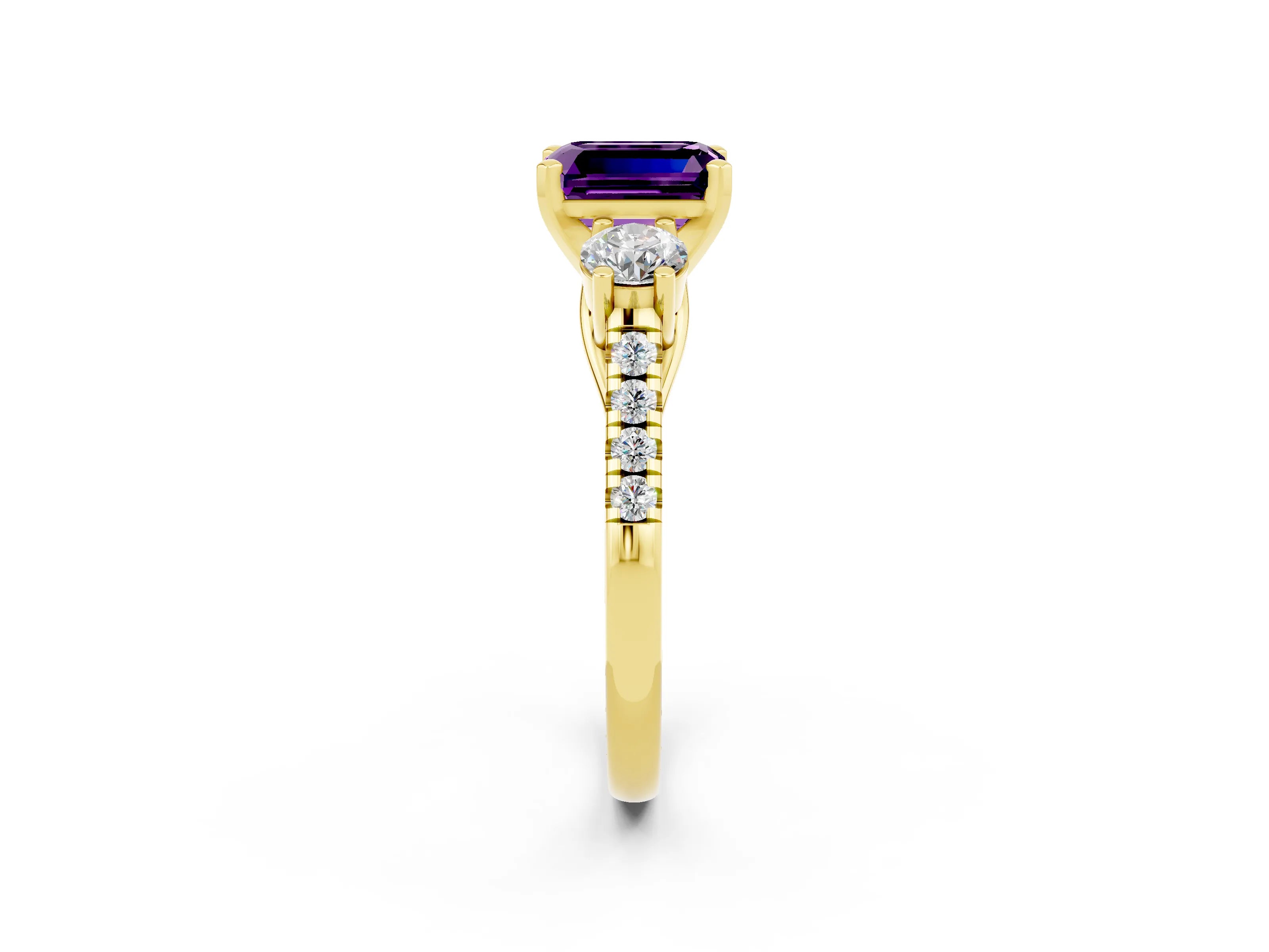 Yellow gold Three-Stone Emerald Cut Amethyst Pavé Band with Four-Prong Setting_2