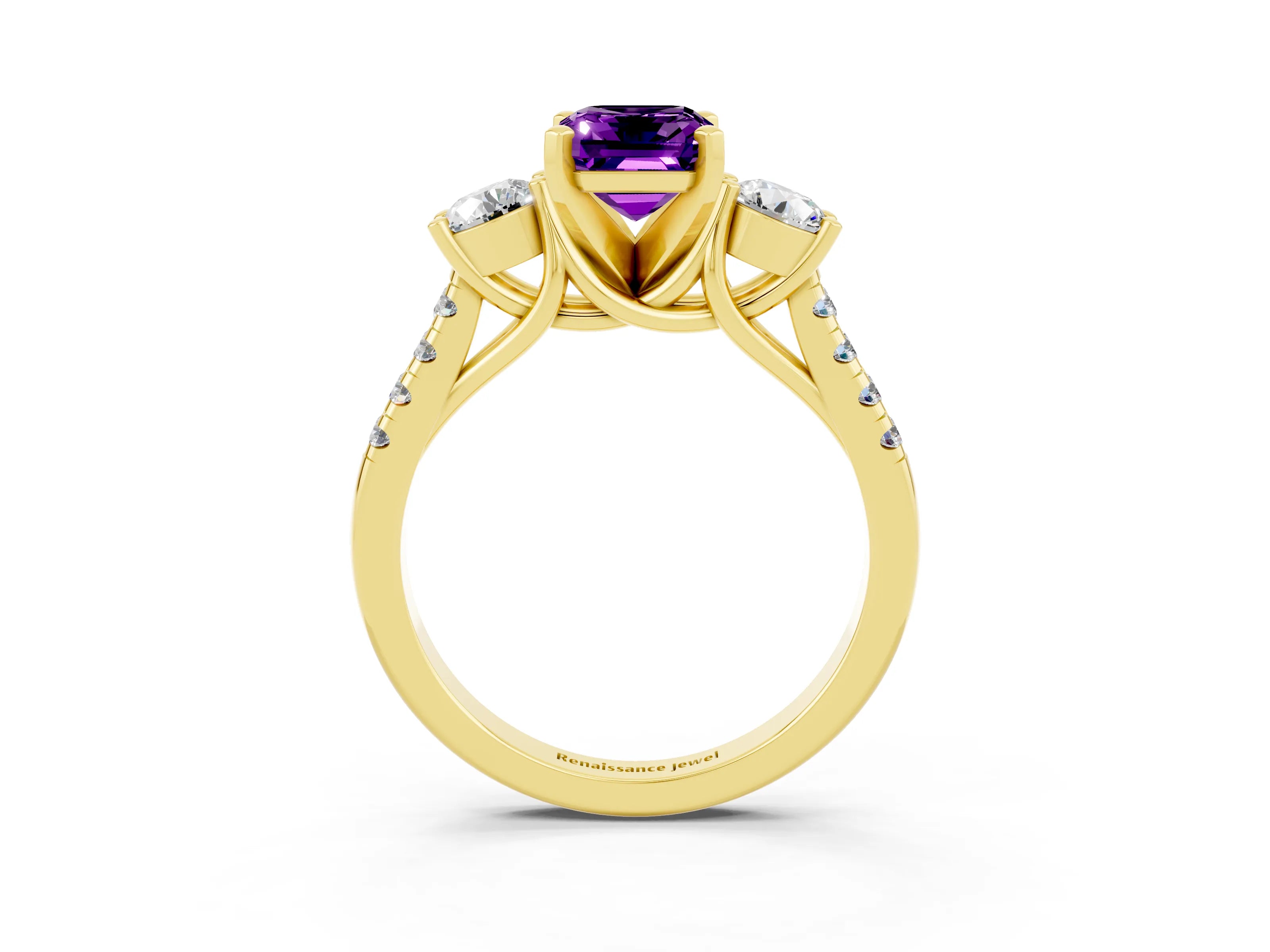 Yellow gold Three-Stone Emerald Cut Amethyst Pavé Band with Four-Prong Setting_3