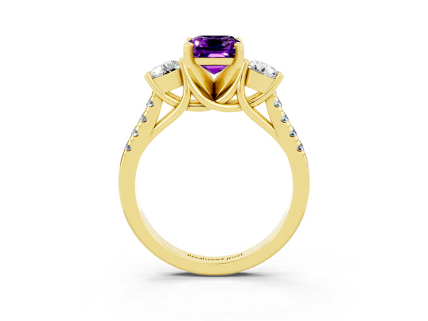 Yellow gold Three-Stone Emerald Cut Amethyst Pavé Band with Four-Prong Setting