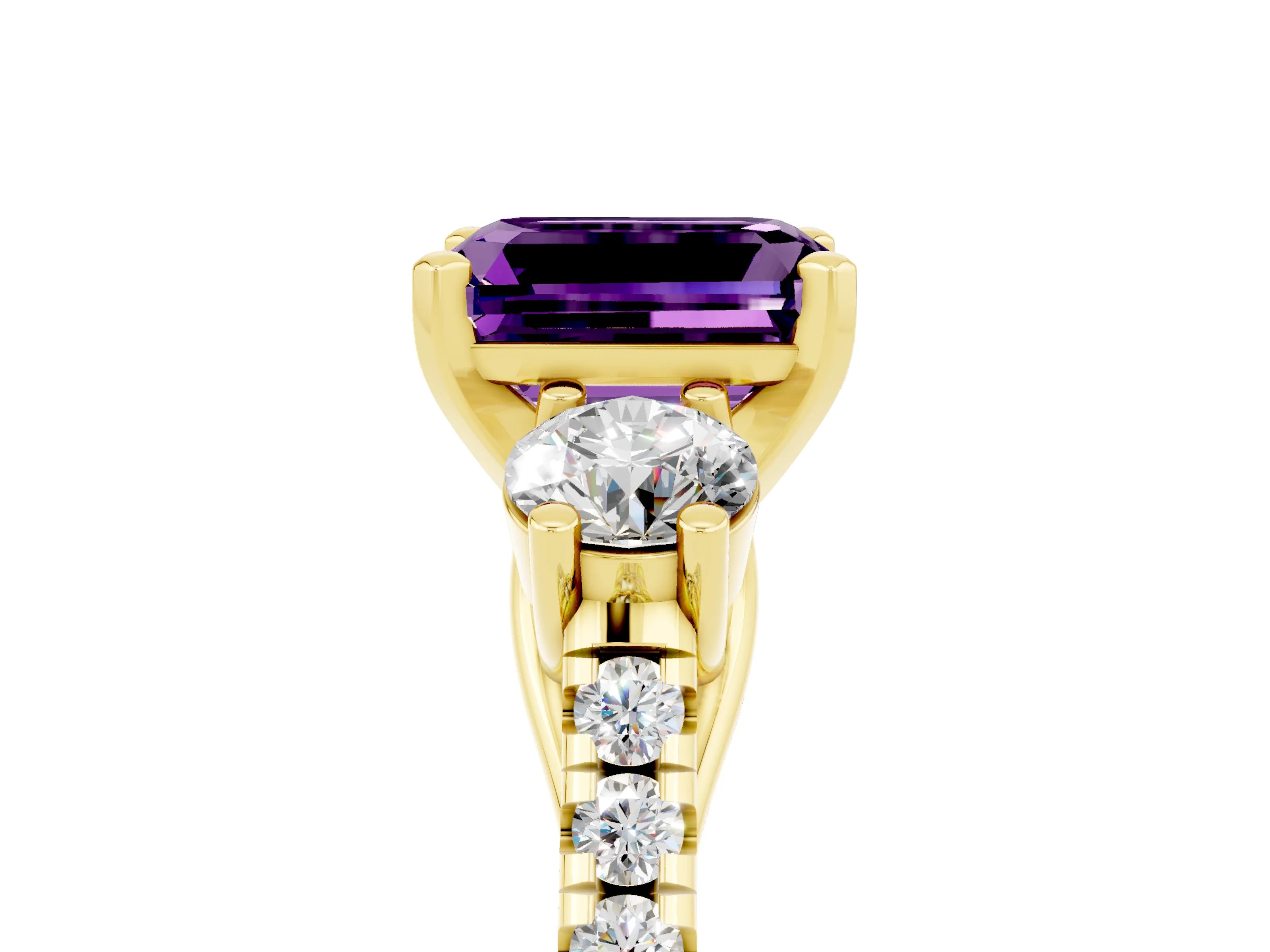 Yellow gold Three-Stone Emerald Cut Amethyst Pavé Band with Four-Prong Setting_5