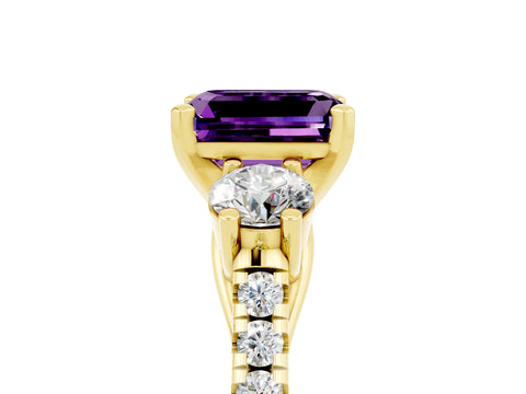 Yellow gold Three-Stone Emerald Cut Amethyst Pavé Band with Four-Prong Setting_5