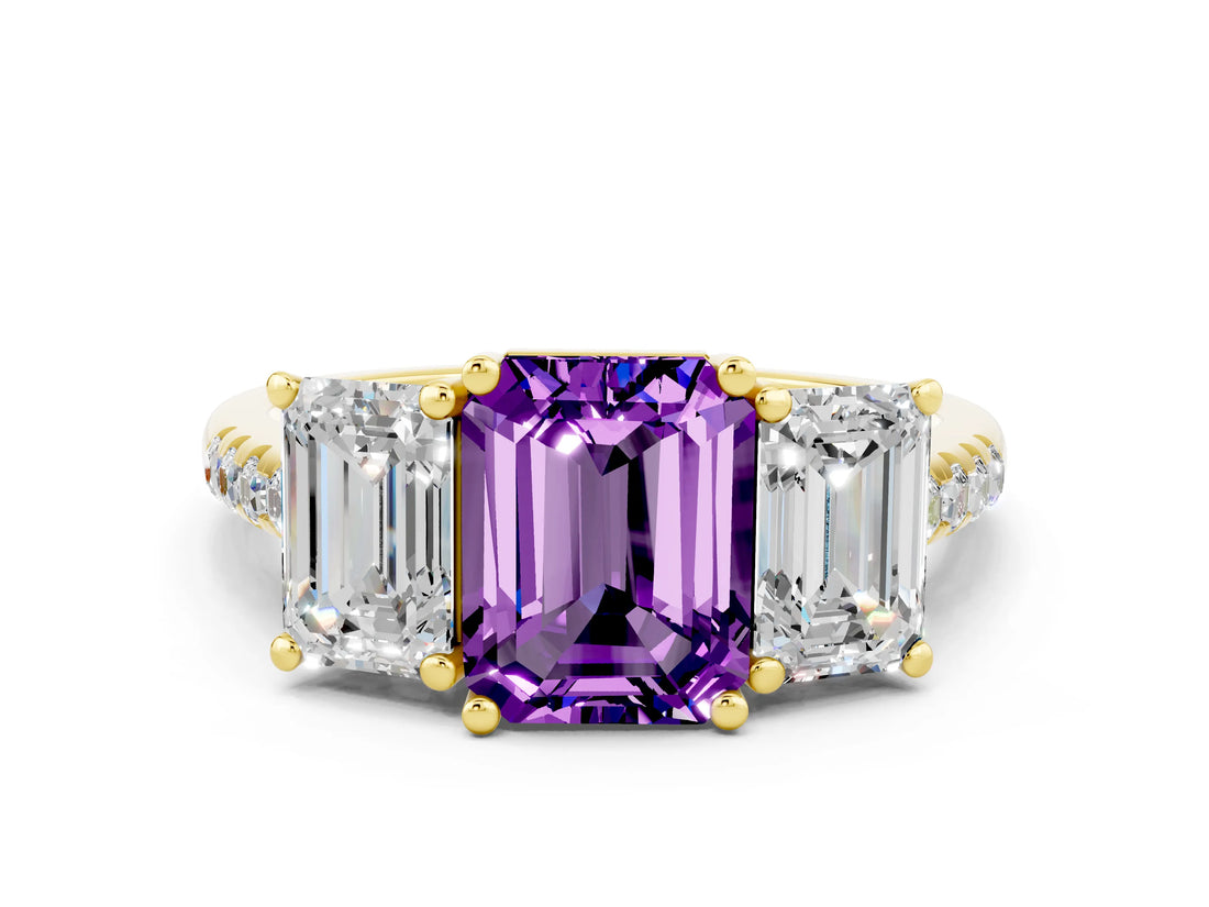 Yellow gold Three-Stone Emerald Cut Amethyst Ring with Pavé Band and Prong Setting_12