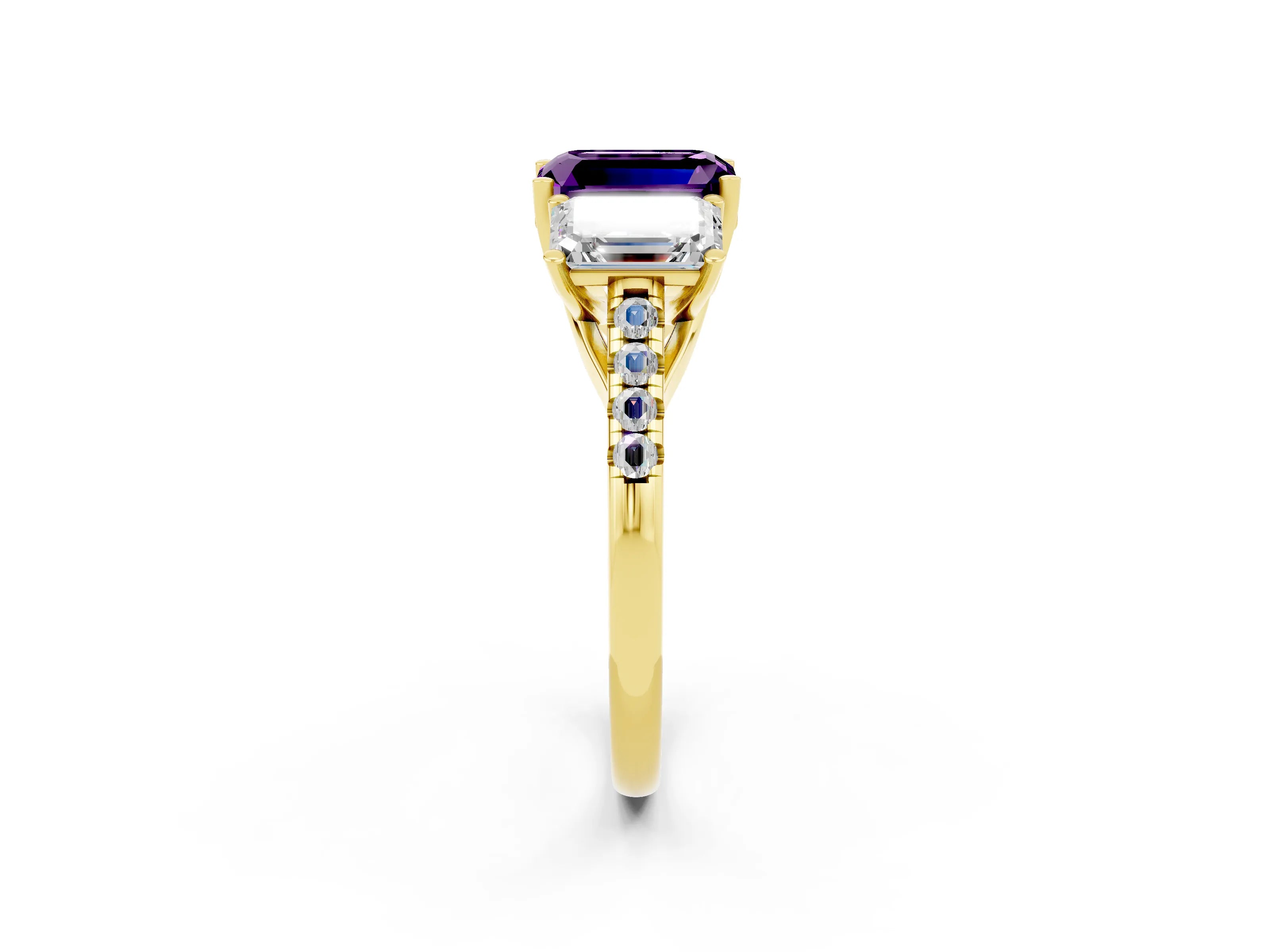 Yellow gold Three-Stone Emerald Cut Amethyst Ring with Pavé Band and Prong Setting_14