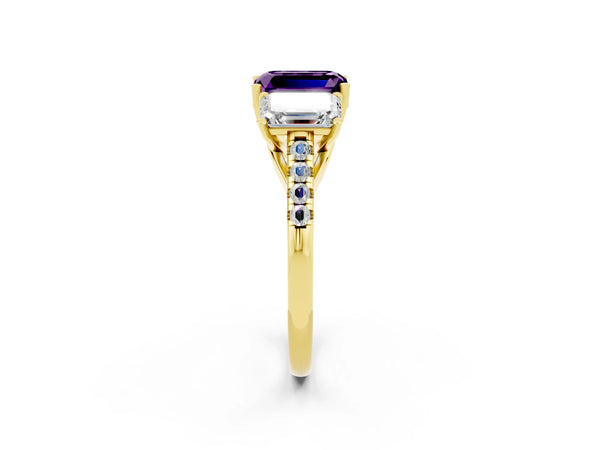 Yellow gold Three-Stone Emerald Cut Amethyst Ring with Round  Pavé Band and Prong Setting