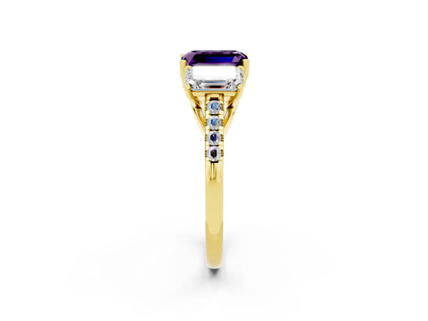 Yellow gold Three-Stone Emerald Cut Amethyst Ring with Pavé Band and Prong Setting_14