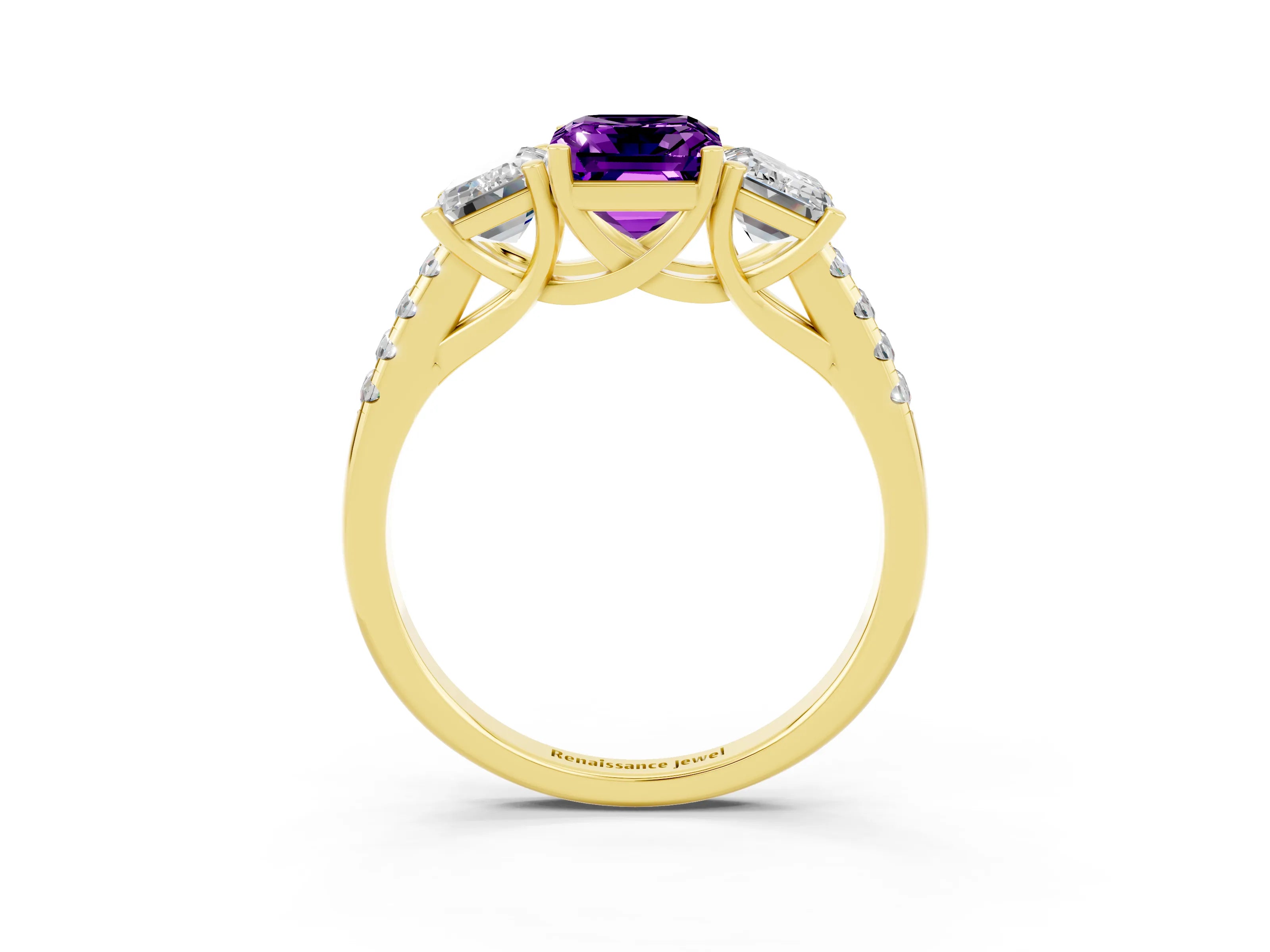 Yellow gold Three-Stone Emerald Cut Amethyst Ring with Pavé Band and Prong Setting_15
