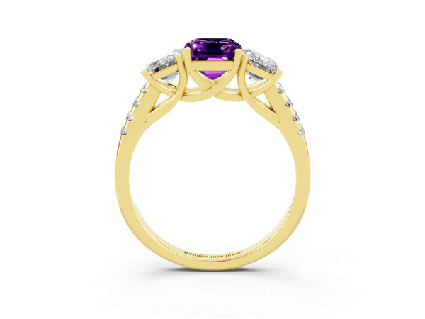 Yellow gold Three-Stone Emerald Cut Amethyst Ring with Round  Pavé Band and Prong Setting