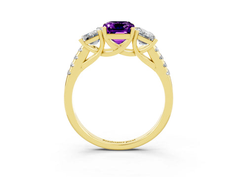 Yellow gold Three-Stone Emerald Cut Amethyst Ring with Pavé Band and Prong Setting_15