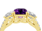 Yellow gold Three-Stone Emerald Cut Amethyst Ring with Pavé Band and Prong Setting_16