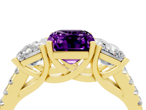 Yellow gold Three-Stone Emerald Cut Amethyst Ring with Pavé Band and Prong Setting_16